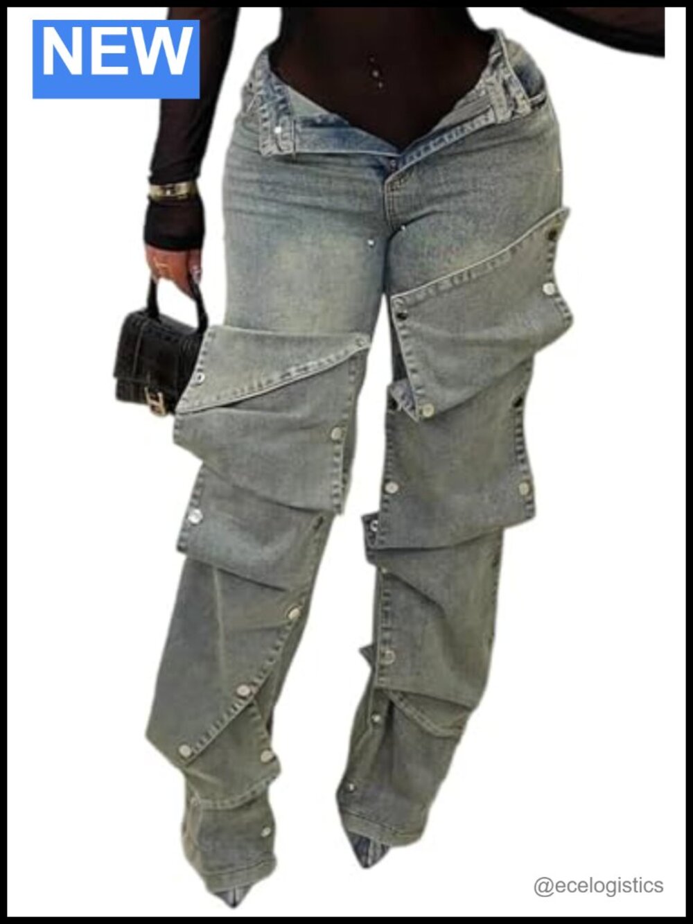 High Waisted Straight Leg Cargo Jeans with Detachable Buttons - Trendy Y2K